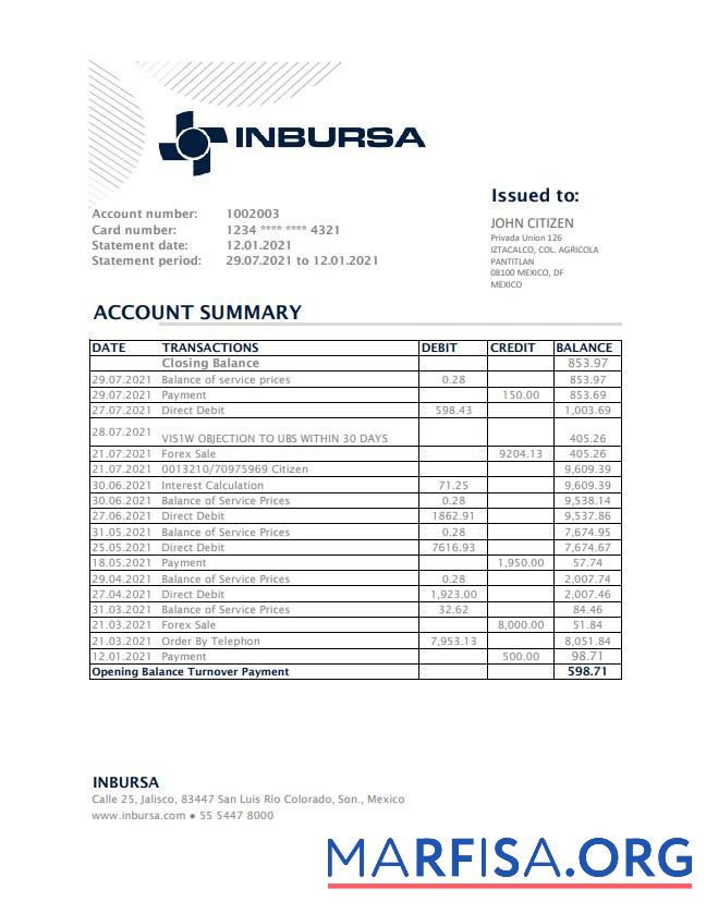 Printable Mexico Inbursa bank statement excel real example